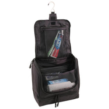 Load image into Gallery viewer, Opened main compartment holding toothbrush, toothpaste, shampoos, and deodorants - Hanging Shave Kit- Black