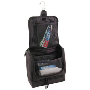 Opened main compartment holding toothbrush, toothpaste, shampoos, and deodorants - Hanging Shave Kit- Black