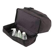 Load image into Gallery viewer, Opened bottom pouch with small soap bottles - Hanging Shave Kit- Black